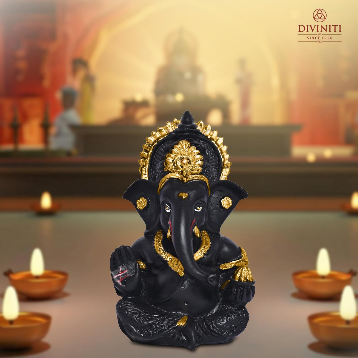 24K Gold Plated Resin Lord Ganesha Idol for Car Dashboard, Tabletop|Ganesh Statue for Good Luck and Success|Ganpati Murti for Home Decor Mandir, Office Desk Puja Gift Matte Black (8.4x4.2cm)