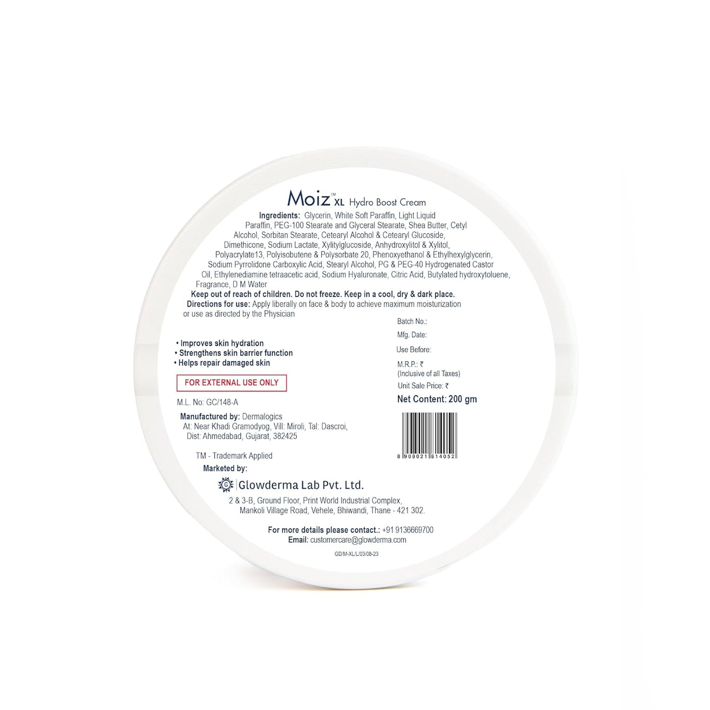 Moiz XL Hydro Boost Face & Body Cream | For Dry to Very Dry Skin | Formulated with 13 Moisturizers | Paraben Free & Cruelty-Free - 200gm