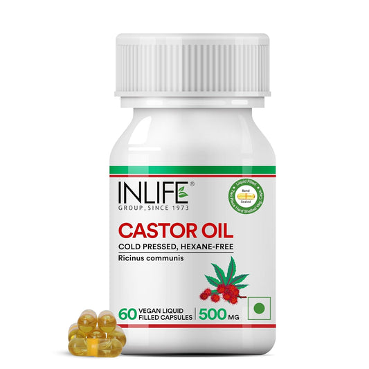 INLIFE Castor Oil Supplement for Hair and Skin, Natural Laxative, Quick Release, 500mg – 60 Liquid Filled Vegetarian Capsules (Pack of 1, 60)