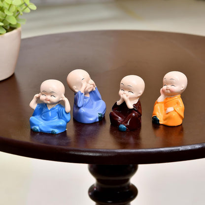 4 blissfull Meditating Monk for Home/Office/car décor | Wisdom Monks Figurine Set| Resin Decorative Statue | Zen Philosophy Decor - (Pack of 4)
