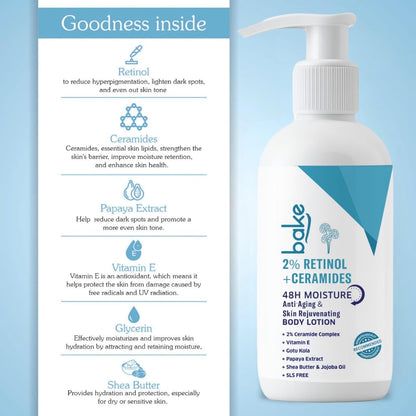 BAKE 2% Retinol + Ceramide Body Lotion for Dry, Aging Skin | Reduce Fine Lines & Wrinkles, Skin Tightening & Boosts Collagen Production | For Women & Men | 200ml