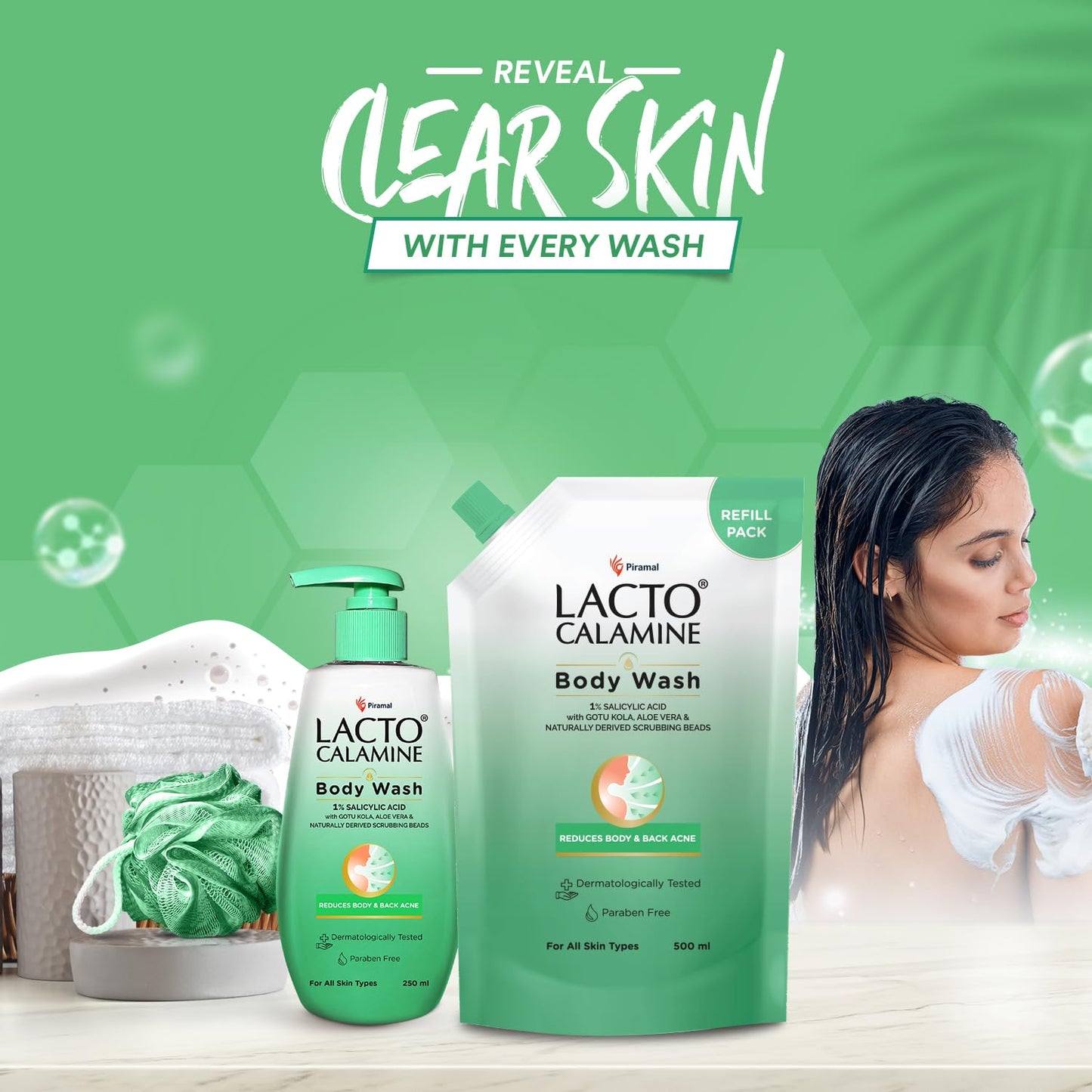 Lacto Calamine 1% Salicylic Acid Body Wash Refill Pouch | 500ml x Pack of 1 | For Body Acne, Back Acne, Rough & Bumpy Skin |Cica, Aloe Vera, Turmeric & Natural Scrub Beads | Shower Gel For Men & Women