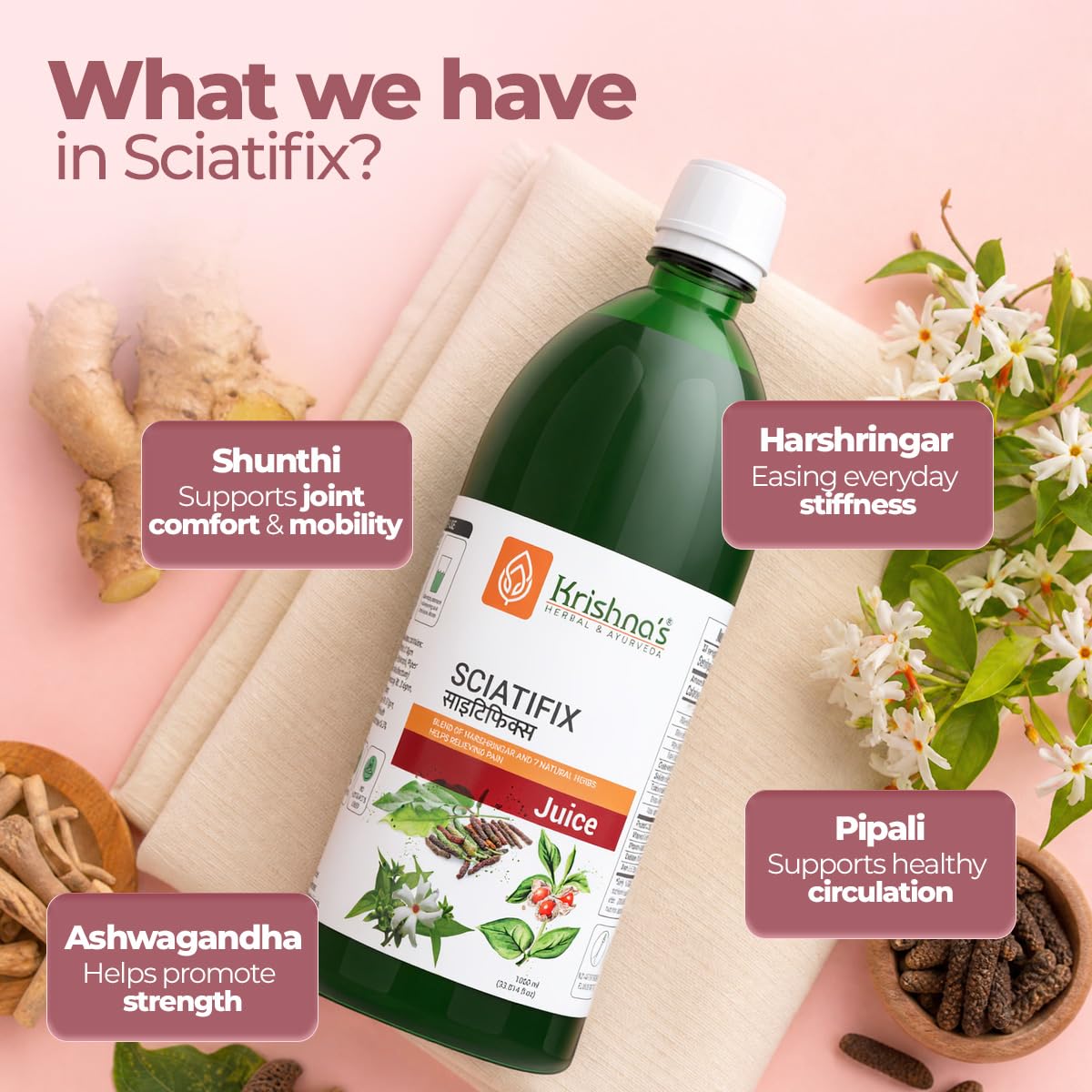 Krishna's Sciatifix Herbal Juice - Good source of calcium | Strengthens bones and muscles | 100% Organic Ingredients, No Artificial Colors & Gluten Free - 1000 ml (Pack of 1)