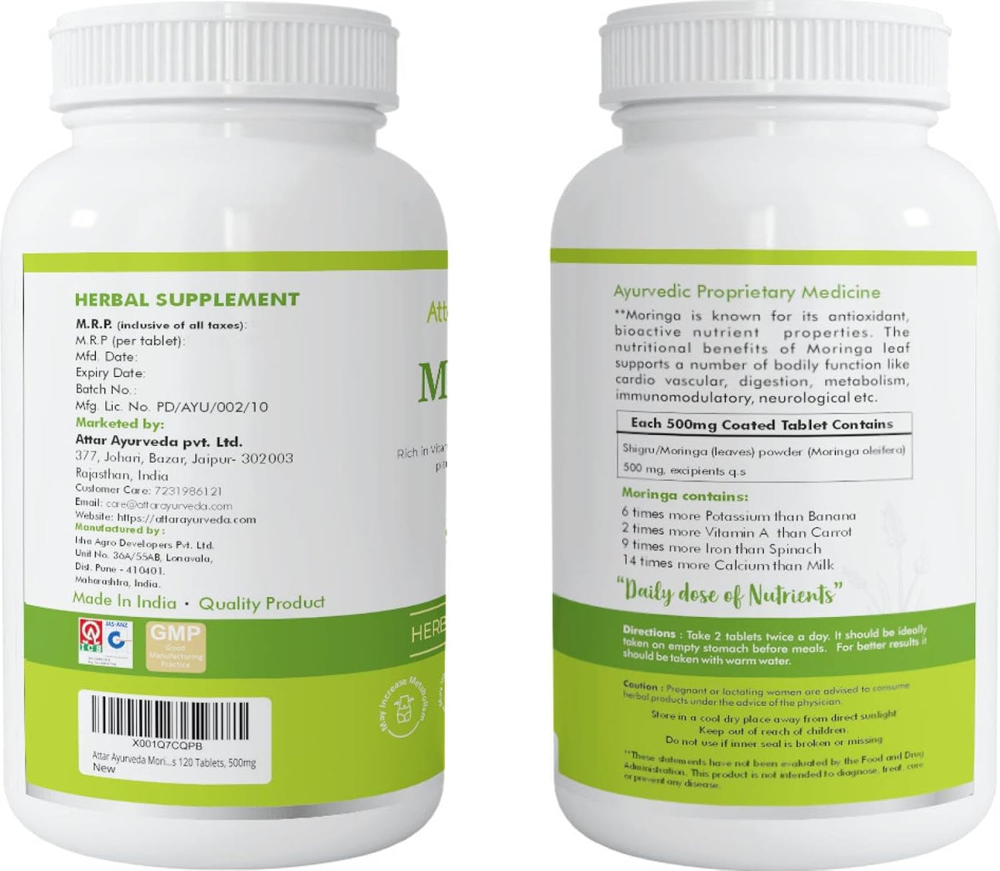 Two bottles of herbal supplement with green labels and white caps on a white background.