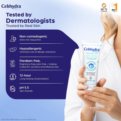 Sun Pharma Cebhydra Cream, Ceramides, Cholesterol & Fatty Acids, Deep Hydration for Sensitive, Dry & Damaged Skin, Dermatologist-Tested, Paraben-Free, NonComedogenic, 12-Hour Moisturization