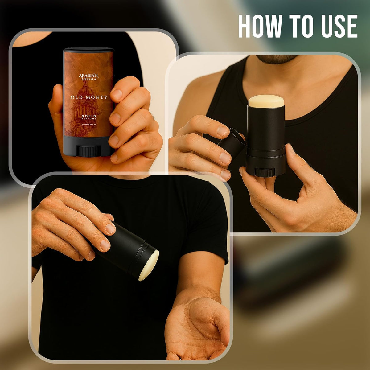 Instructions on how to use a cosmetic product, showing a hand holding a stick and applying it.