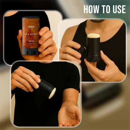 Instructions on how to use a cosmetic product, showing a hand holding a stick and applying it.