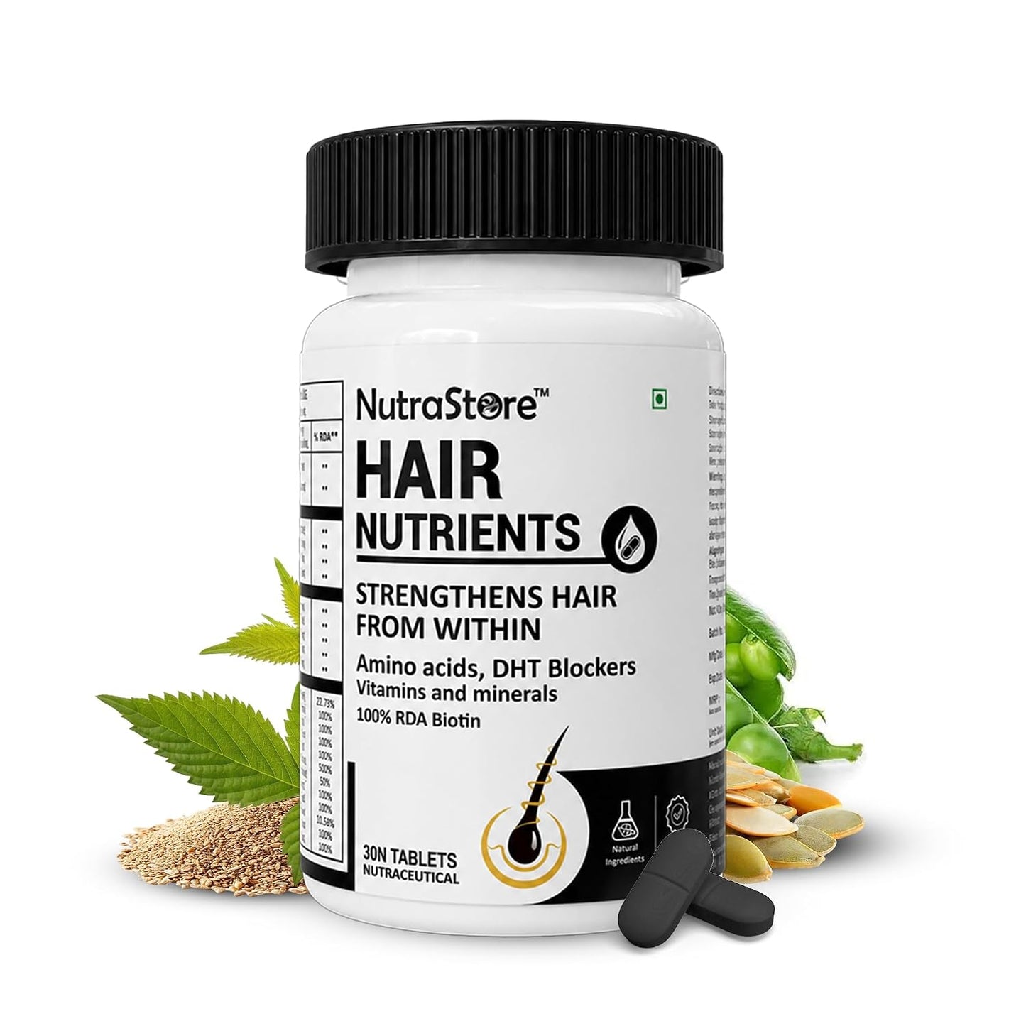 NutraStore Hair Nutrients | Biotin Tablets for hair regrowth support | With Essential Amino Acids, DHT Blockers, Vitamins & Minerals | Support Hair Growth and Strength | Hair Supplement for Men & Women |30 Tablets