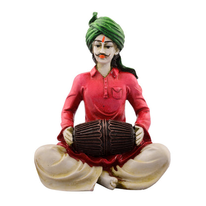 Rajasthani Lady Playing Dholak Showpiece Polyresin Statue (12.5 cm x 10 cm x 15 cm, Green and Orange)