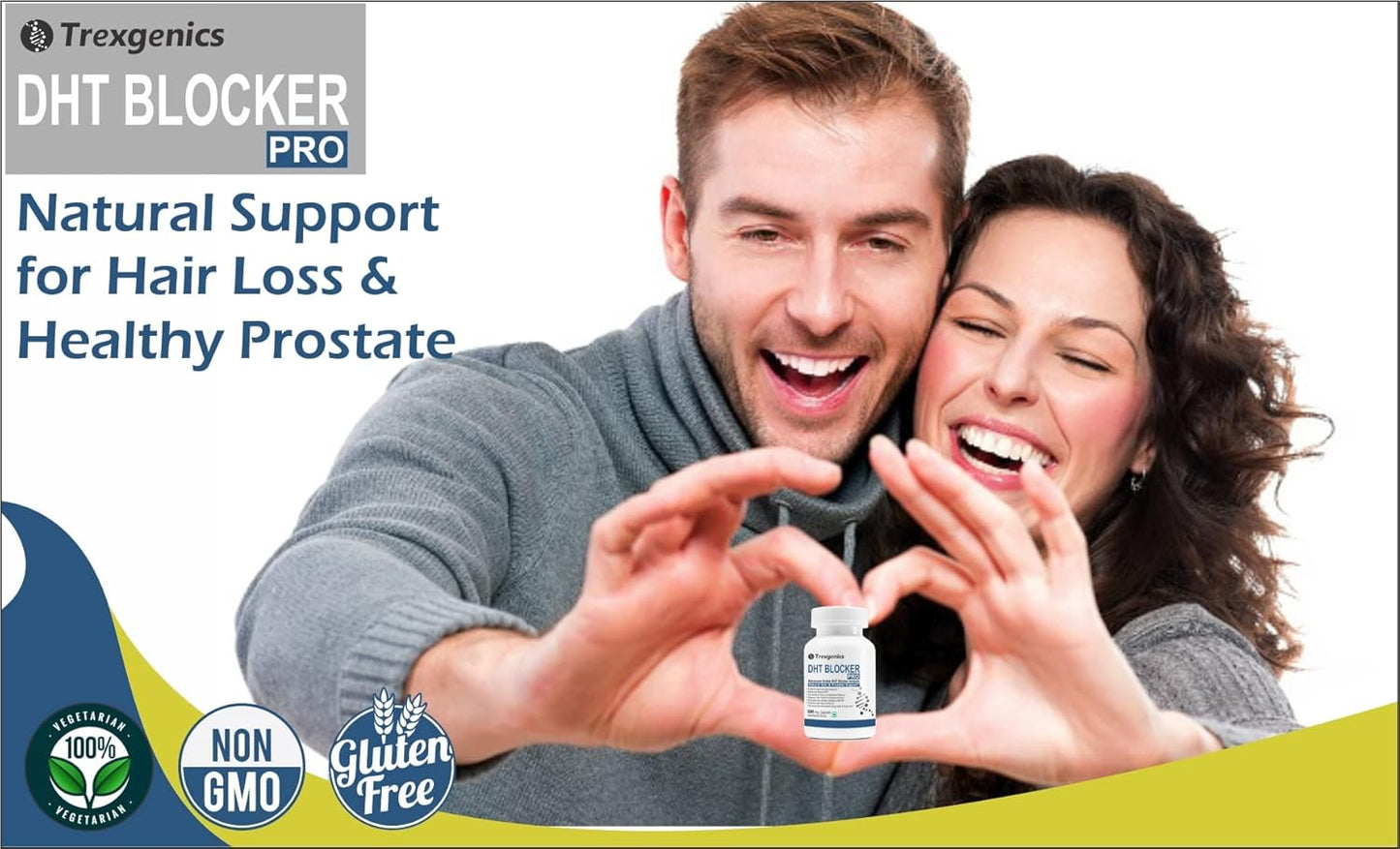 Couple holding a small bottle with Tredigenics DHT Blocker Pro branding, promoting natural support for hair loss and healthy prostate.