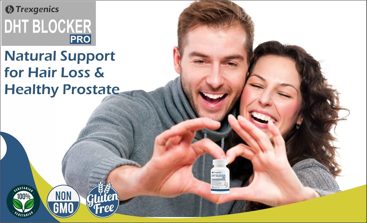 Couple holding a small bottle with Tredigenics DHT Blocker Pro branding, promoting natural support for hair loss and healthy prostate.