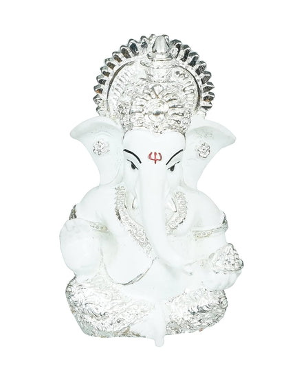eCraftIndia Silver White Resin Lord Ganesha Idol for Home Decor Office Car Dashboard| Ganesha Statue for Puja Room| Ganpati Murti| God Statue Gift for Diwali Ganesh Chaturthi Housewarming Birthday