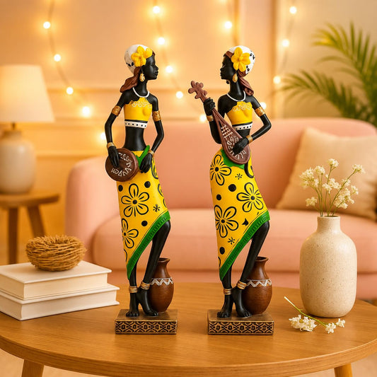 Resin African Girl with Musical Instruments| Captivating Home Décor - (Pack of 2, Yellow & Black- Model 1, Large)
