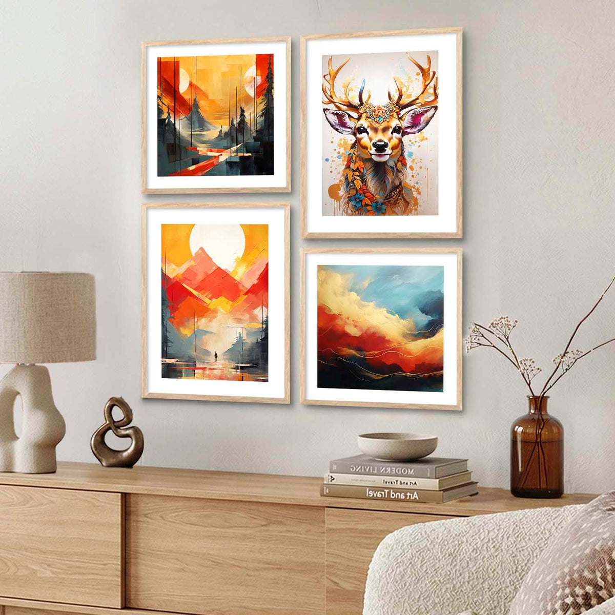 Premium Digital Paintings with Frame for Home Decoration - Painting for Living Room Bedroom Office - Painting for Wall Decoration - Pack of 4 (J)