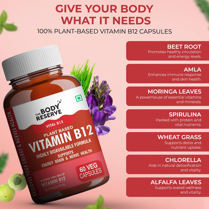 Bottle of The Body Reserve Vitamin B12 capsules with ingredients listed on a pink background