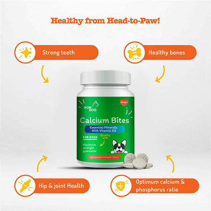 WOW DOG Chewable Calcium Tablet - Calcium for Dogs Supplement with Vitamin D3, B12, Magnesium & Zinc | Chicken Flavour - 120 Tablets