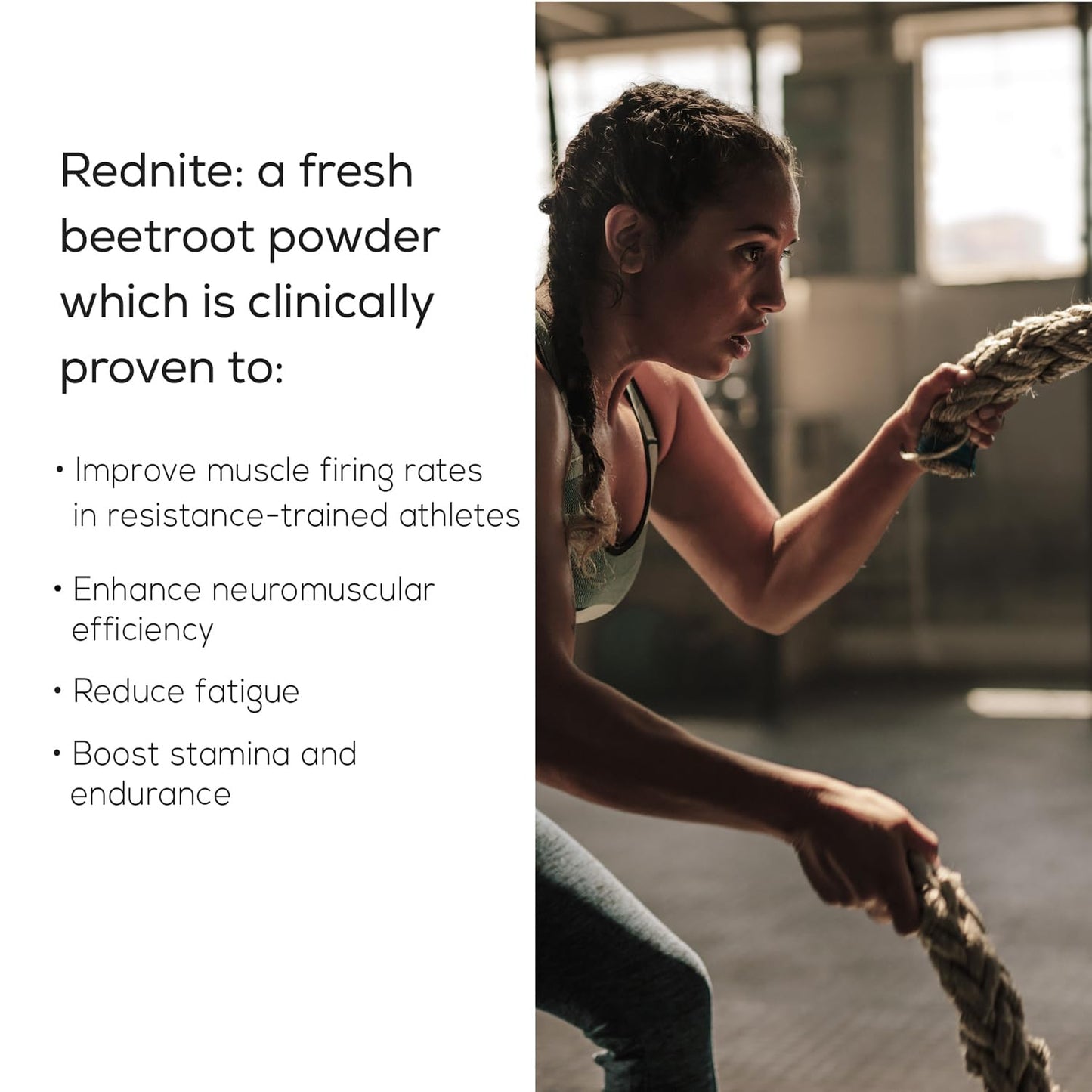 Person pulling a rope with text about Rednite beetroot powder benefits on the left.