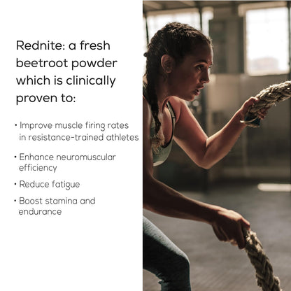 Person pulling a rope with text about Rednite beetroot powder benefits on the left.