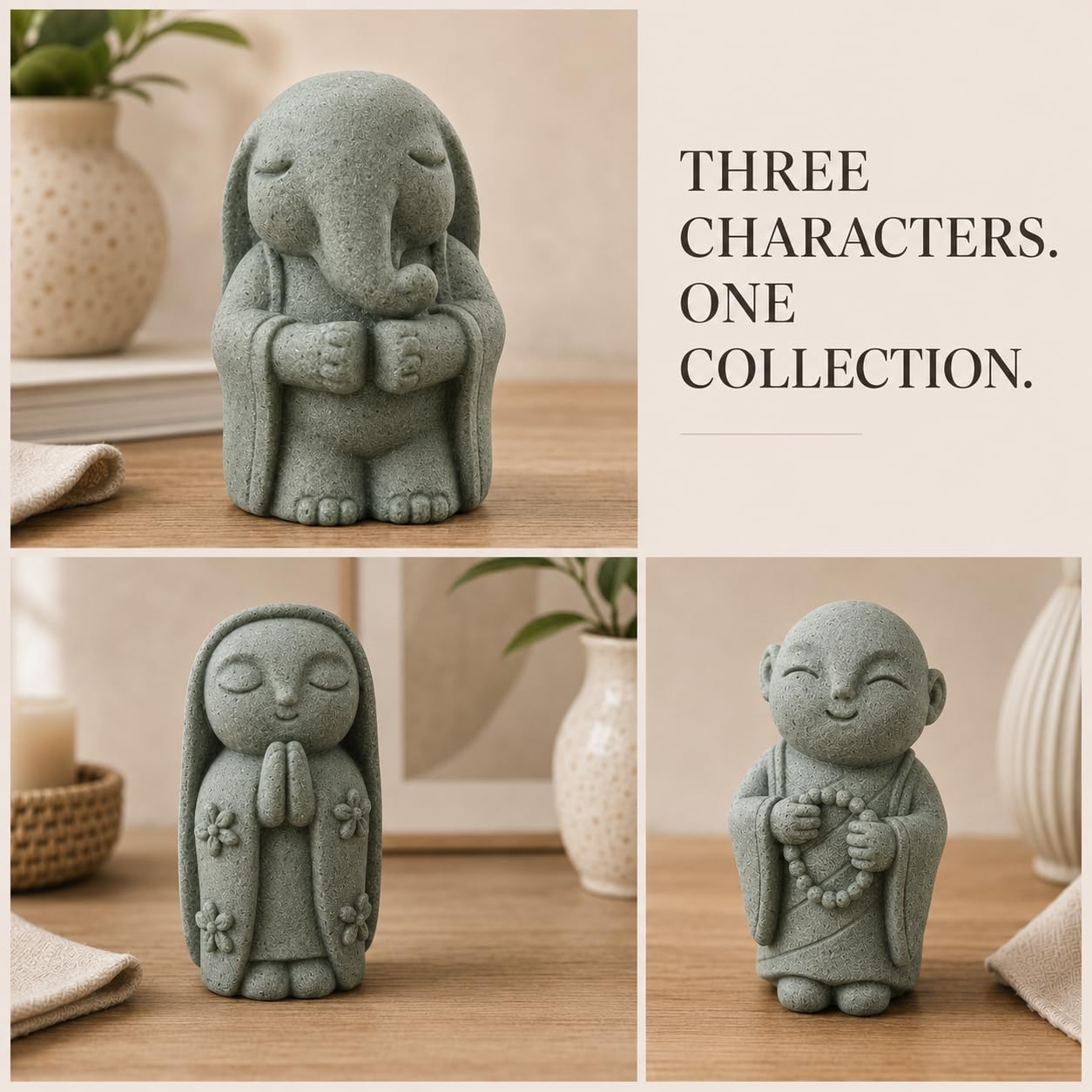 Street27 3Pcs Zen Monk Statue Set, Mini Sandstone Buddha Monk Figurines for Home, Office Desk, Aquarium, Car Dashboard, Meditation Room & Table Decor, Grey
