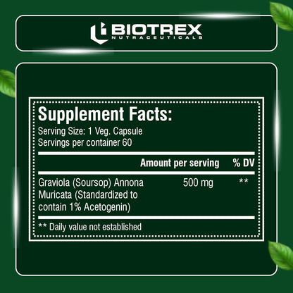 Biotrex Nutraceuticals Graviola 500mg | Supports Immune Health | High In Vitamin C | Antioxidant & Antimicrobial | Eye & Digestive Health | 60 Veg Capsules