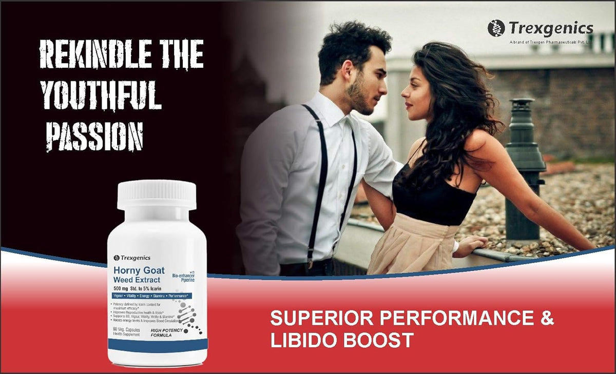 Advertisement for Trexegenics Horny goat weed extract with a couple embracing in the background.