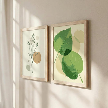 Minimalist Botanical Wall Art Set of 2, Green Leaf & Floral Line Art Prints, Beige Wooden Framed Decor for Living Room, Bedroom & Office, Ready to Hang (Natural, Art-1, 13x10 Inch)