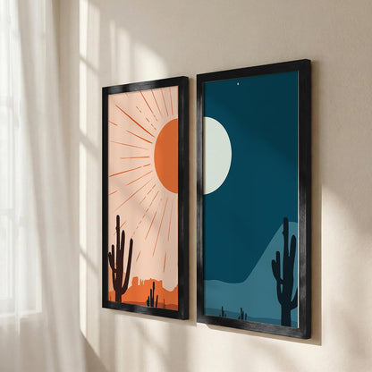 Minimalist Desert Wall Art Set of 2 Framed Prints | Sun & Moon Cactus Landscape Posters with Frames, Boho Neutral Abstract Nature Wall Decor, Scandinavian Aesthetic Artwork for Living Room, Bedroom, Office, Wall Hanging Frame (Art-12, 10x19inch, Wooden)