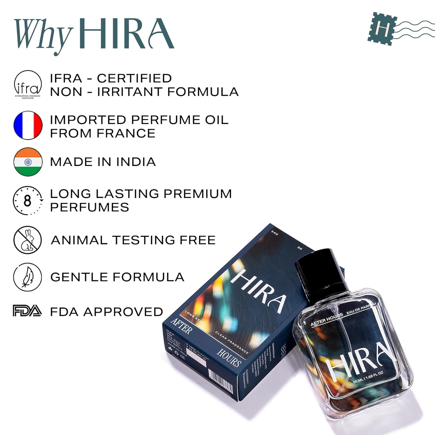 HIRA perfume bottle and packaging with certification details on a white background