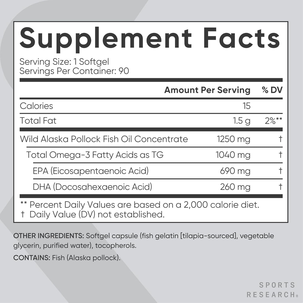 Supplement facts label for Wild Alaska Pollock Fish Oil Concentrate on a gray background