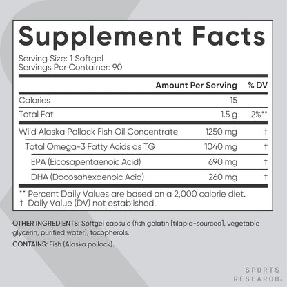 Supplement facts label for Wild Alaska Pollock Fish Oil Concentrate on a gray background