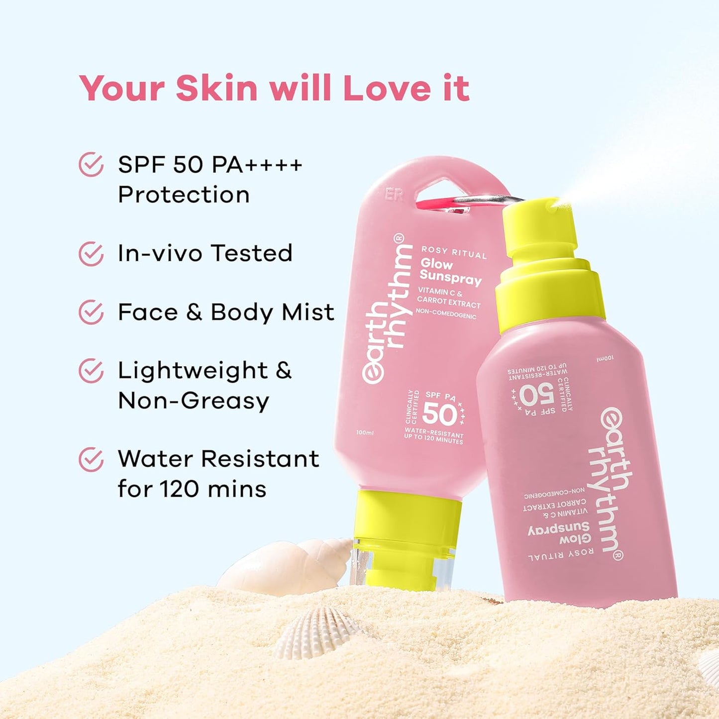 Earth Rhythm Rosy Ritual Glow Sunspray SPF 50 PA ++++ Vitamin C & Carrot Extract. In Vivo Tested