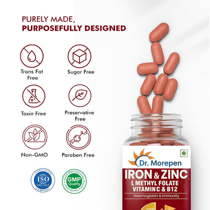 DR. MOREPEN Iron & Zinc Tablets | Enriched with Iron, Zinc, Vitamin C & B12 | Natural & Safe for Men and Women | 60 Veg Tablets