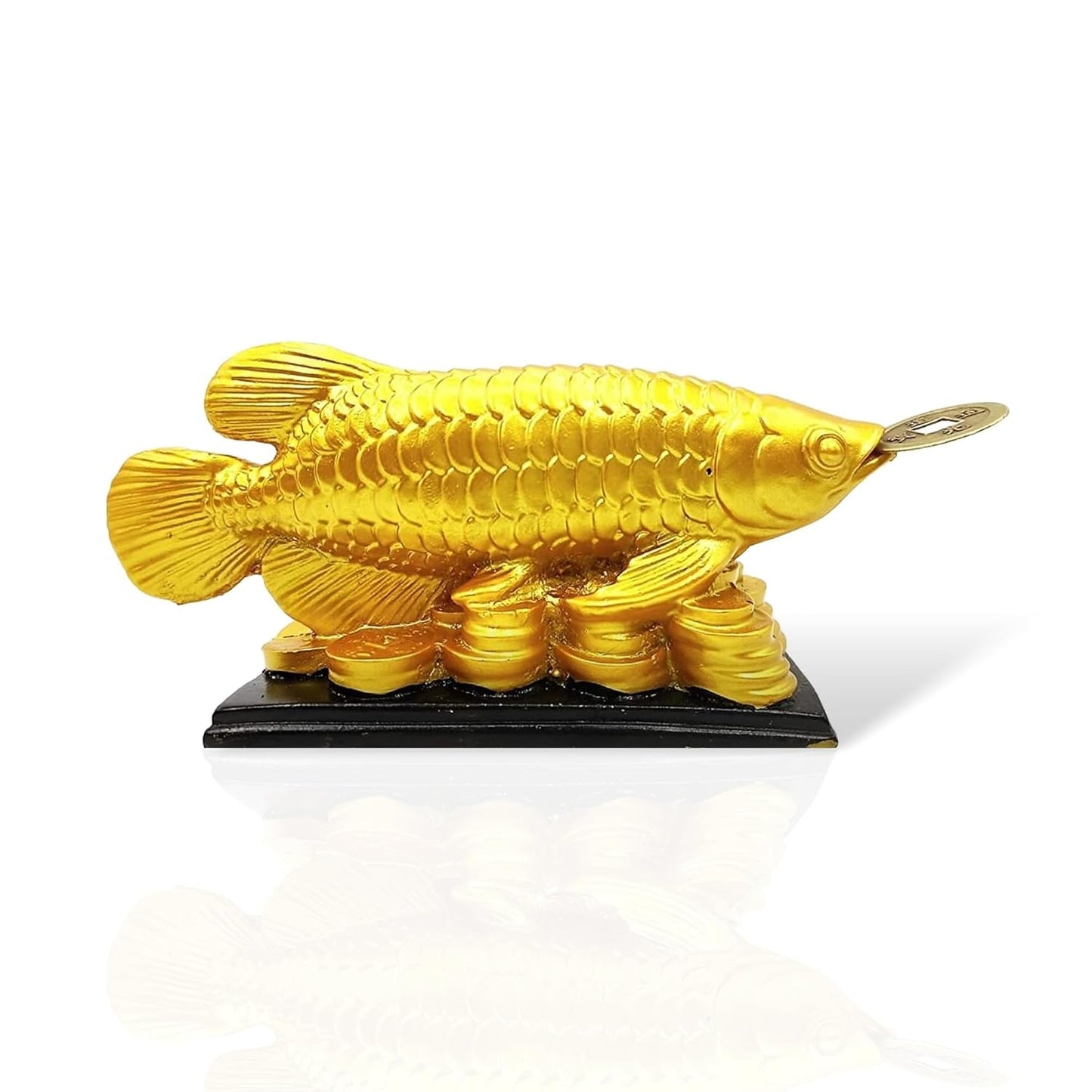 Plus Value Feng Shui Golden Arowana Fish Statue Showpiece with Coin in Mouth Wealth Symbol, Protects Mishaps, Troubles Vastu Products Home & Office Decor Decoration Gifting (Fiber)