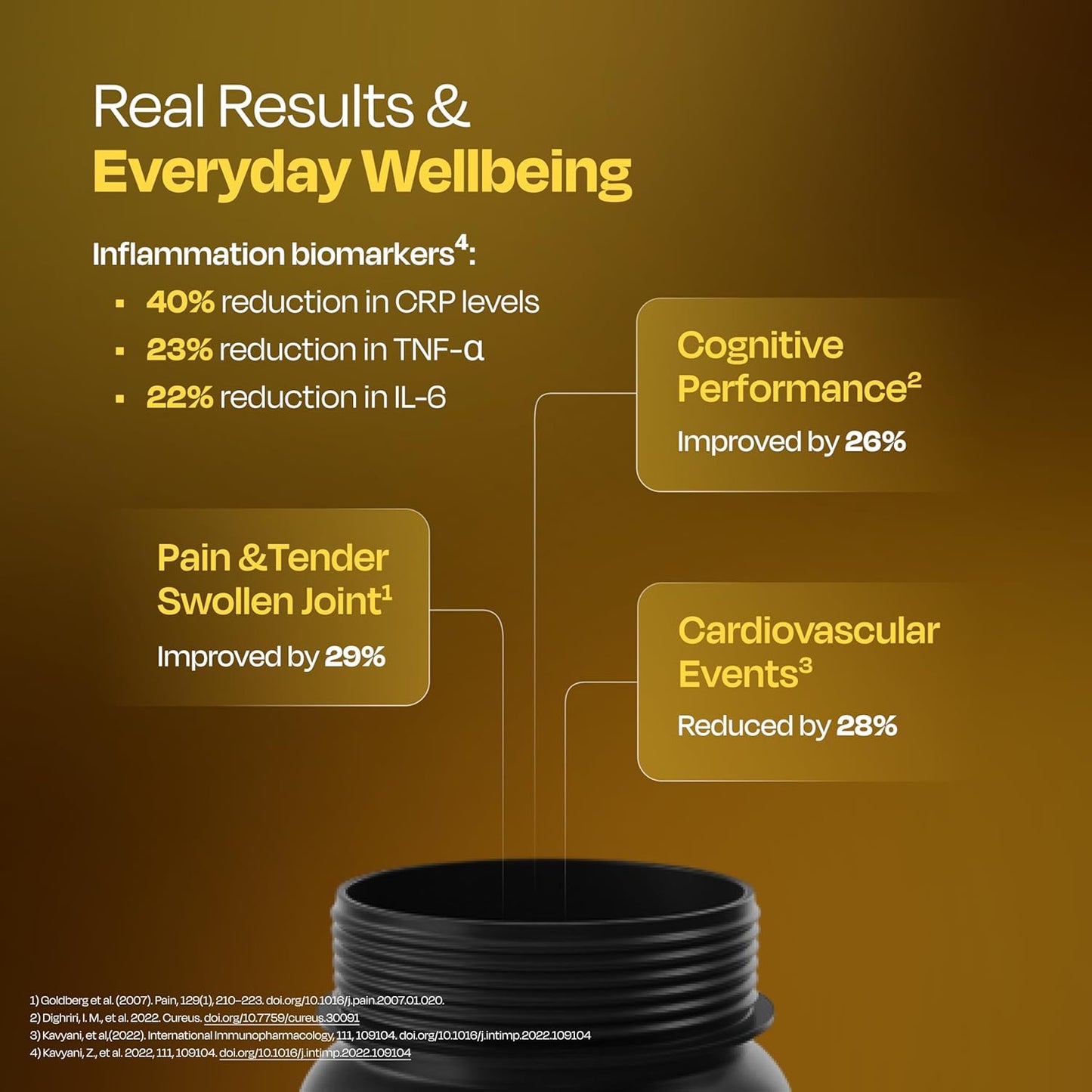 Product container with health benefits text on a brown background