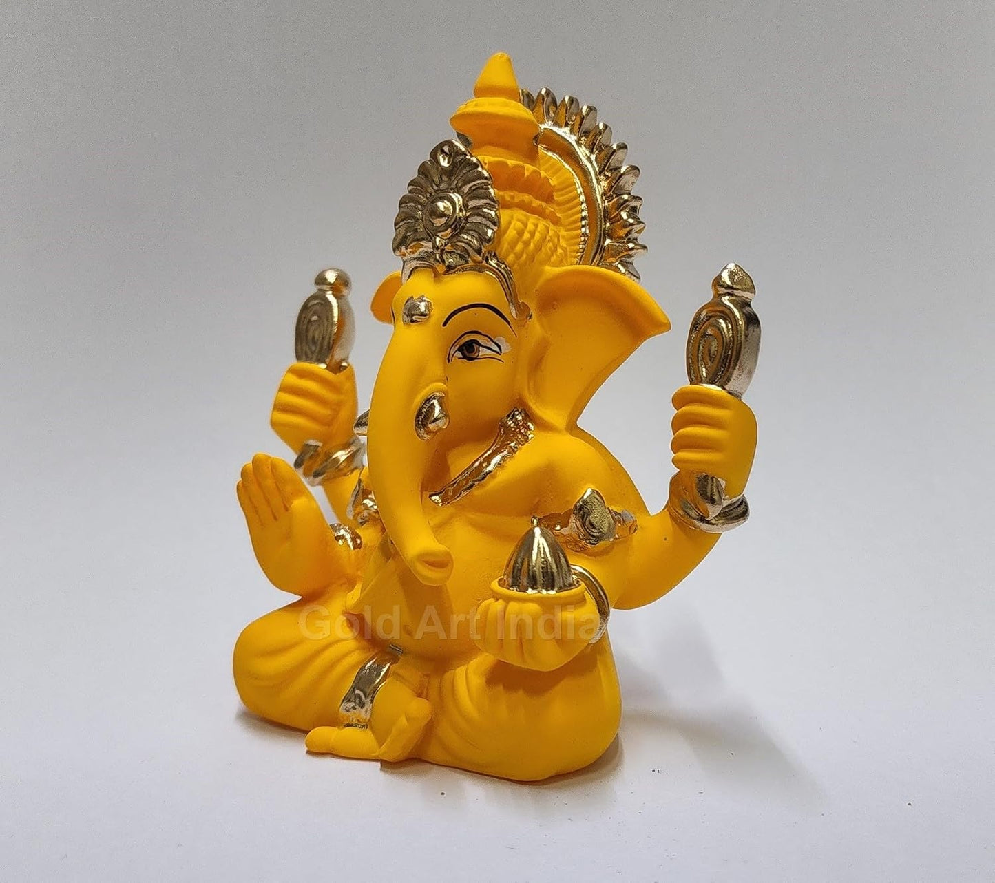 Gold Art India Handcrafted Mango Terracotta Ganesha with Golden Jewelry for Car Dashboard, Home/Office Decor, Gifting/Housewarming Gifts (4HANDGANESHAYELLOWTERRACOTTA 3.3")