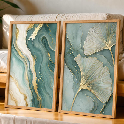 Ginkgo Leaf & Abstract Marble Wall Painting Set of 2 with Frame | Premium Teal Green Gold Botanical Artwork, Luxury Modern Wall Decor for Living Room, Bedroom, Office and Home Decoration (Art-1, 10x13inch)