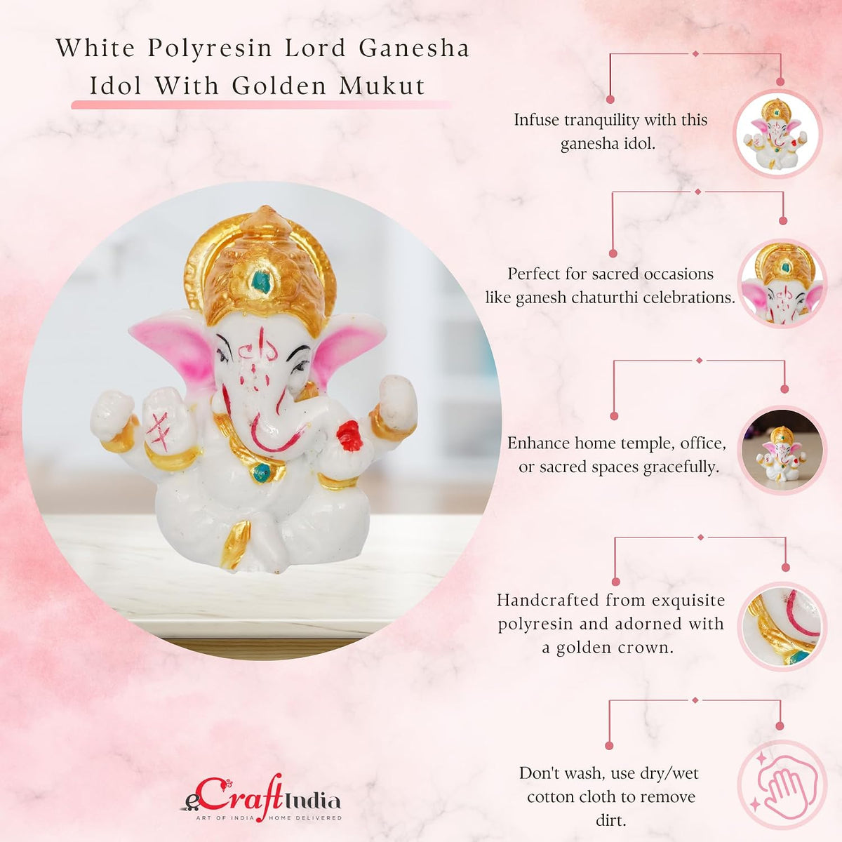 eCraftIndia White Resin Lord Ganesha Idol with Golden Mukut| Lord Ganesha Idol for Home Decor Office Car Dashboard| Ganesha Statue for Puja Room| Ganpati Murti| God Statue Gift for Diwali, Birthday