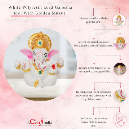 eCraftIndia White Resin Lord Ganesha Idol with Golden Mukut| Lord Ganesha Idol for Home Decor Office Car Dashboard| Ganesha Statue for Puja Room| Ganpati Murti| God Statue Gift for Diwali, Birthday