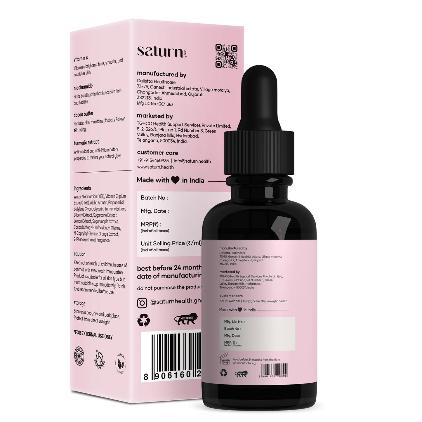 Saturn by GHC Glow Skin 5% Vitamin C Face Serum with Niacinamide | Illuminating Serum for Glowing, Whitening Skin | Pure Ethyl Ascorbic Acid for Hyperpigmentation, Dull Skin | Fragrance Free - 30ml