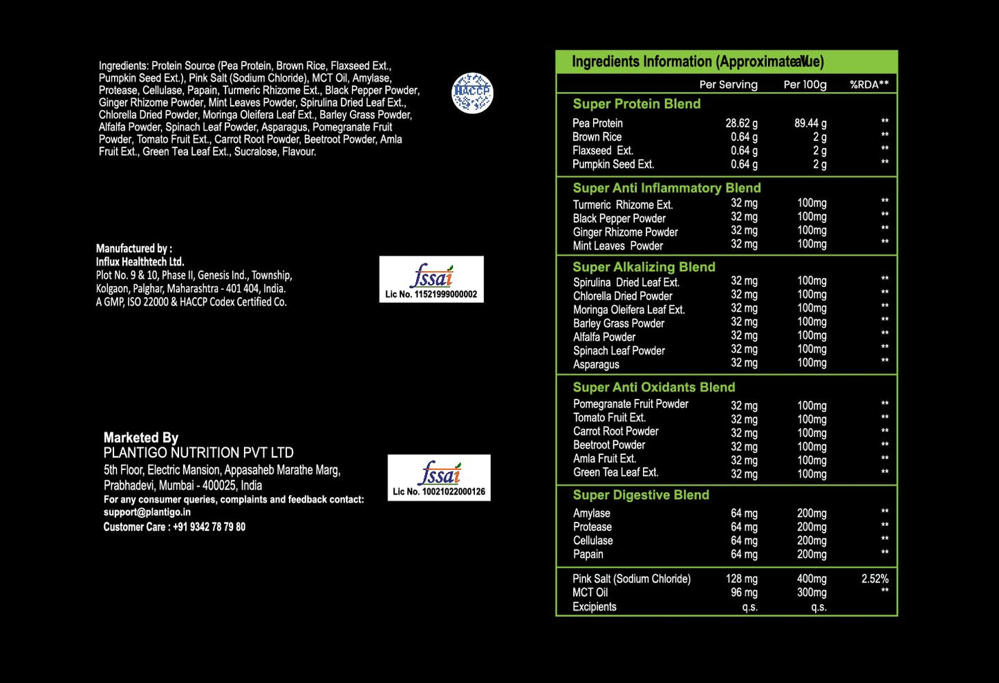 Nutritional information panel for a supplement on a black background with Fussel branding.
