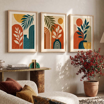 BOHO Art Home Decor Painting | Modern BOHO Artwork with Frame for Living Room Bedroom Hotel Wall | Digital Reprint Set of 3 | 13X17 Inch