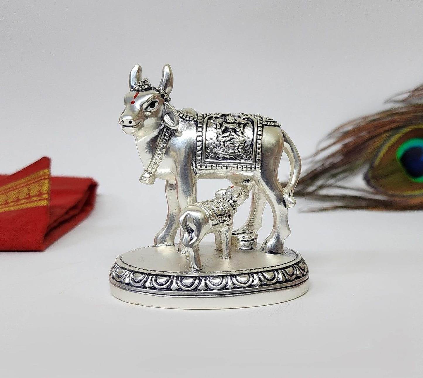 Gold Art India Kamdhenu Cow and Calf Idol | Silver Matte Finish Decorative Murti | 7.62 cm x 7.62 cm | Sacred Gau MATA Statue for Home Temple & Gift