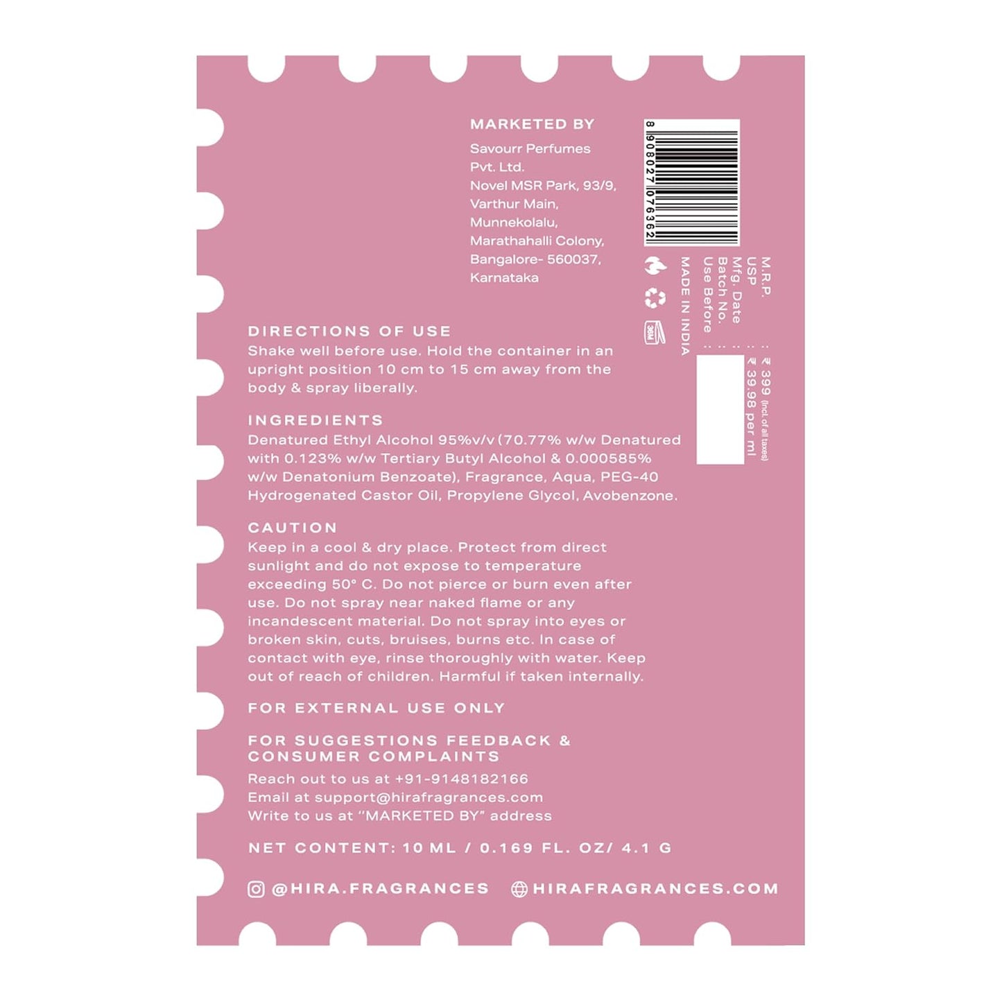 Back label of a perfume bottle with text and product details on a pink background