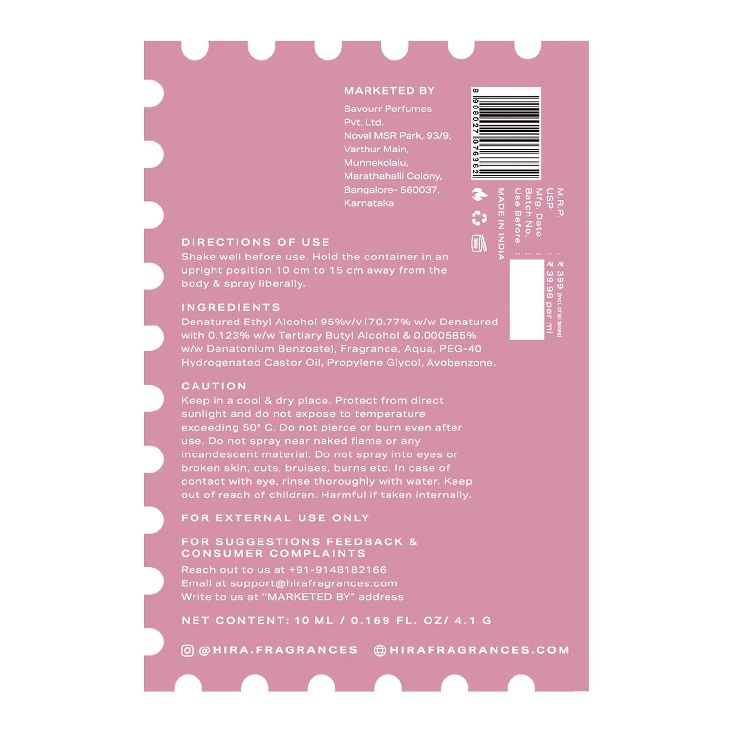 Back label of a perfume bottle with text and product details on a pink background