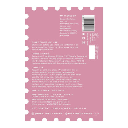 Back label of a perfume bottle with text and product details on a pink background