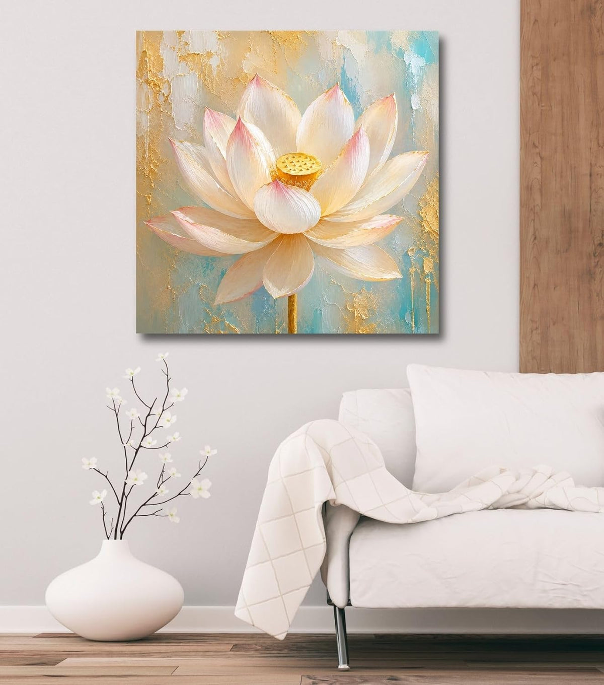 Lotus Flower Painting for Wall Vastu (15+ DESIGNS) Framed Lotus Canvas Painting for Living Room, Bedroom | Nature Floral Wall Art with Multiple Design Variations (Cream Single Lotus, 18x18 Inch, Framed)