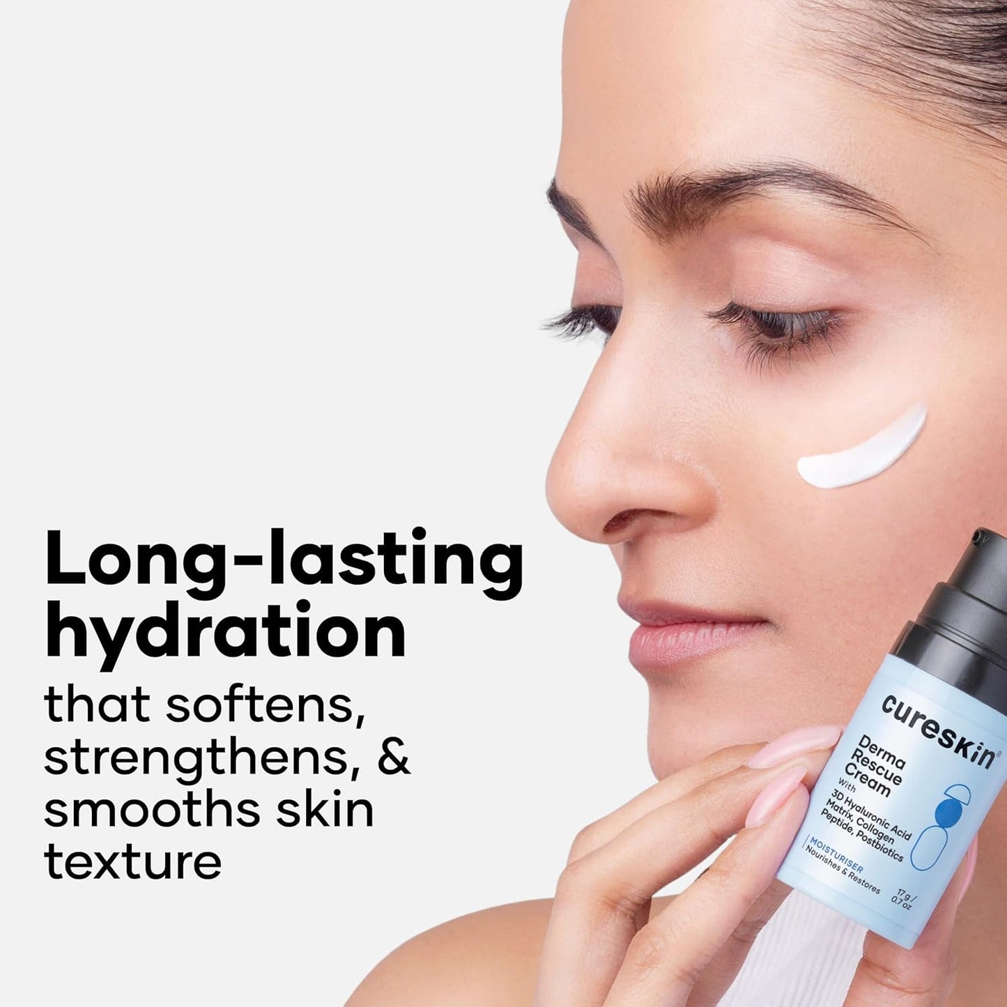 Cureskin Derma Rescue Cream Hydrating Face Moisturiser for Dry, Dehydrated & Sensitive Skin | 3D Hyaluronic Acid Matrix + Collagen Peptide + Postbiotics | Barrier Repair, Long-Lasting Hydration | 17g