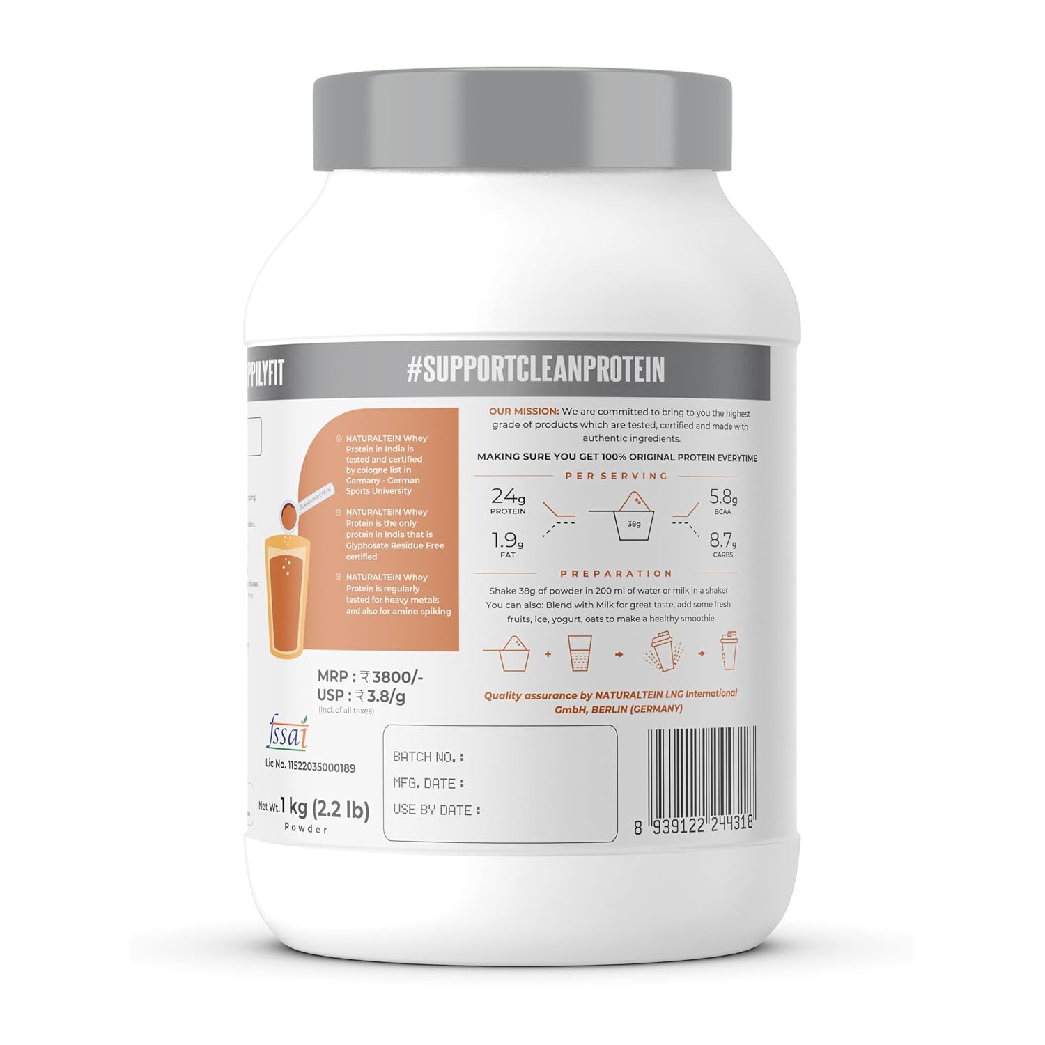 Protein powder container with label on a white background
