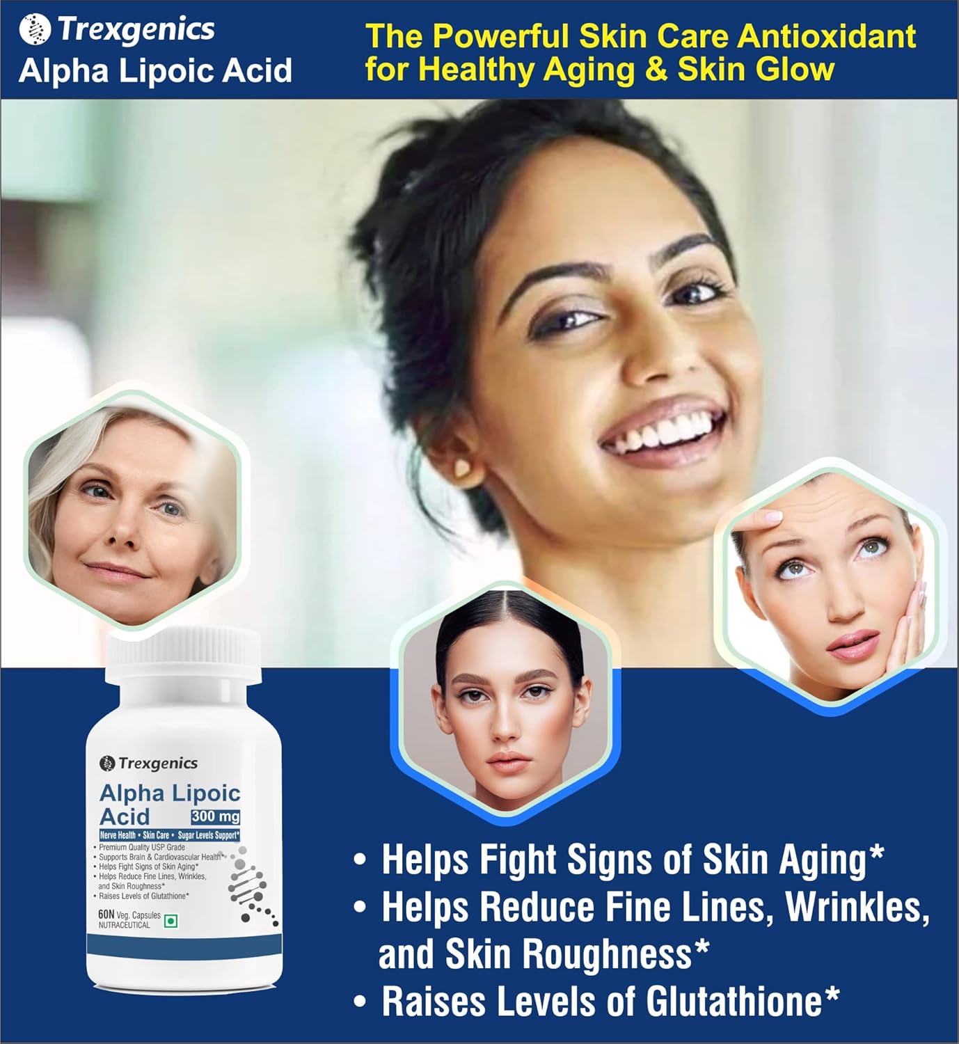 Trexgenics ALPHA LIPOIC ACID 300 mg Glucose metabolism, Liver, Skin, Brain, Nervous System Health Support VEGAN & NON-GMO (60 VCaps) (Pack of 1)