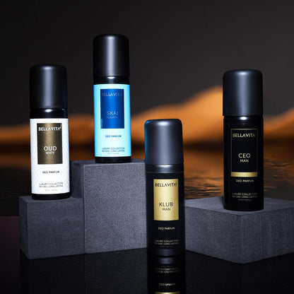 Collection of Bellavita men's deodorants on a dark background